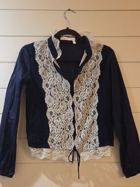 See By Chloé Women's Navy Top with Ivory Lace Trim Fits Likd Size EU 38, US 4